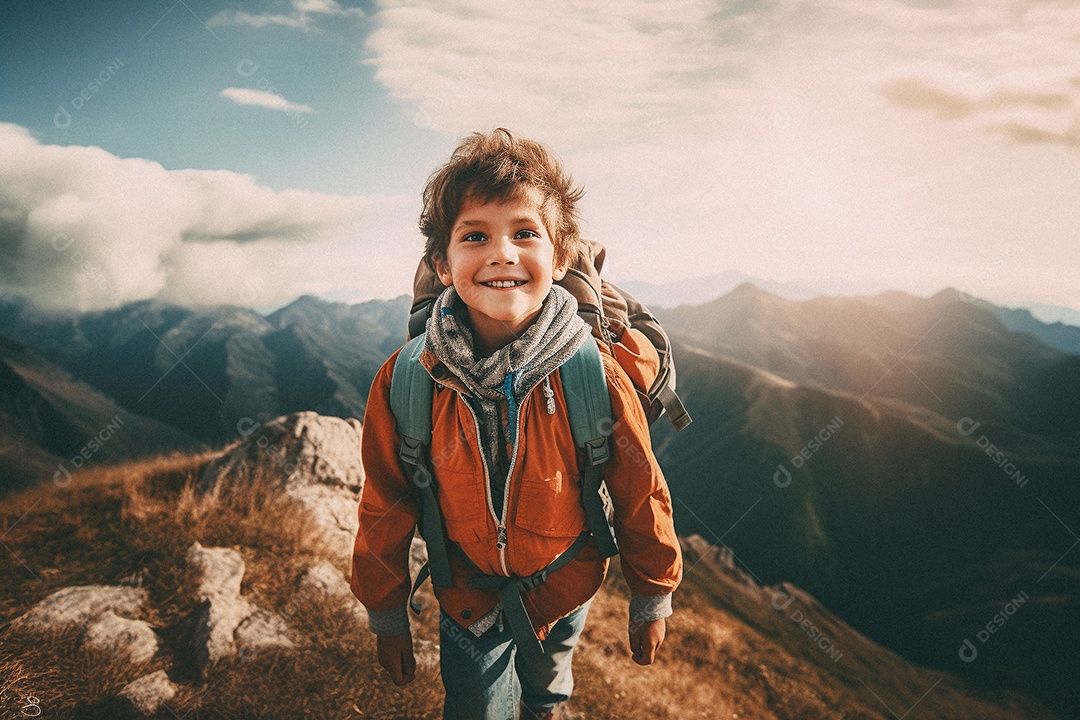 Menino andando no topo da montanha com mochila sorrindo para a câmera