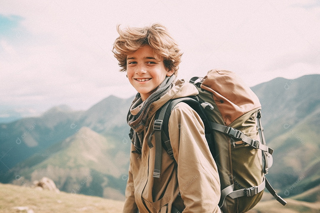 Menino andando no topo da montanha com mochila sorrindo para a câmera