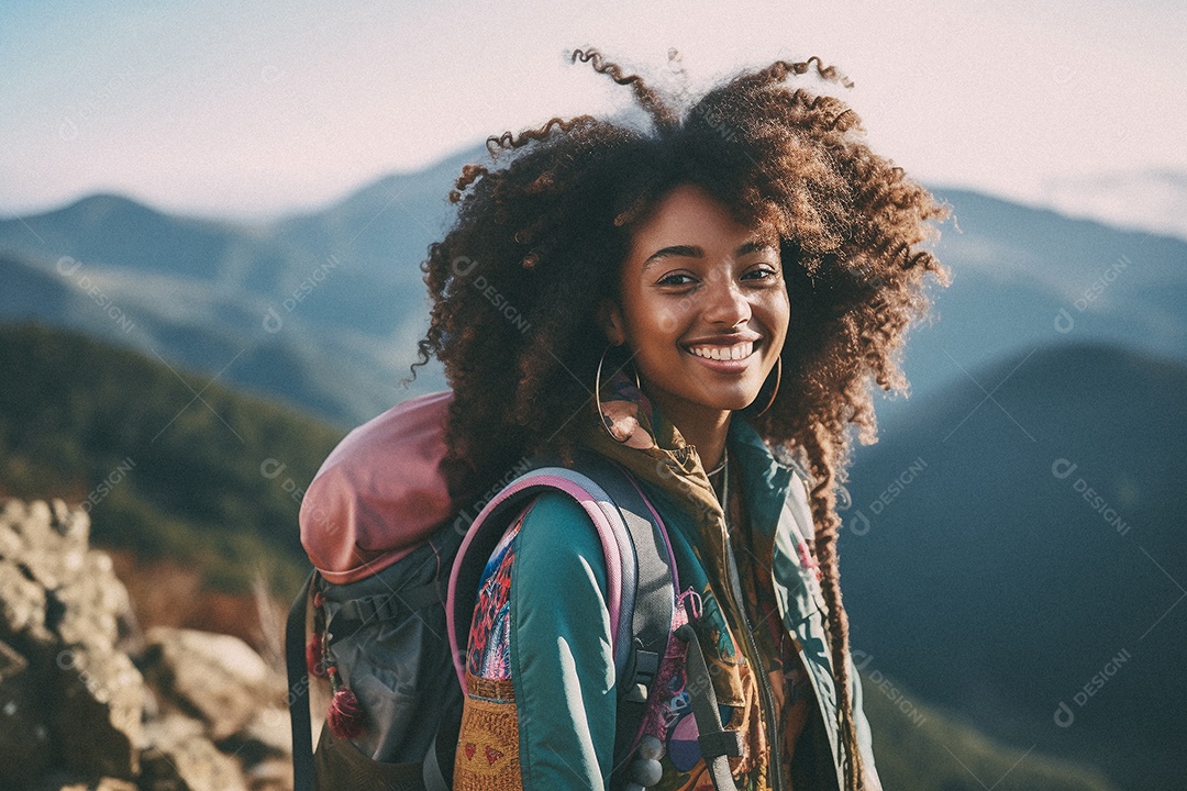 Jovem negra andando no topo da montanha