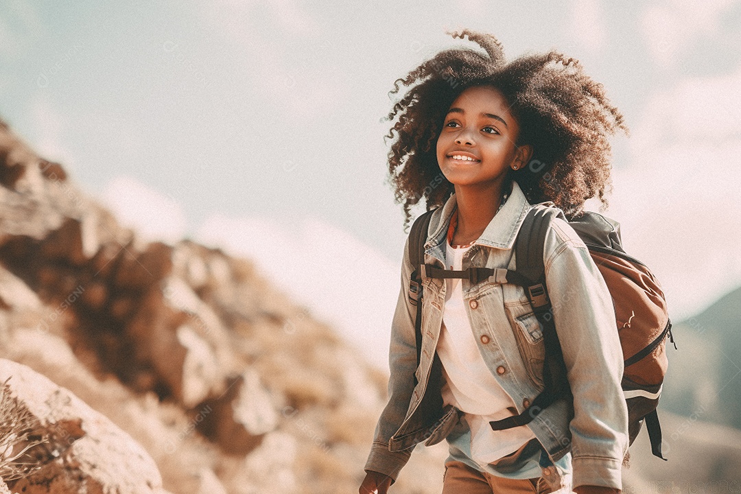 Jovem negra andando no topo da montanha