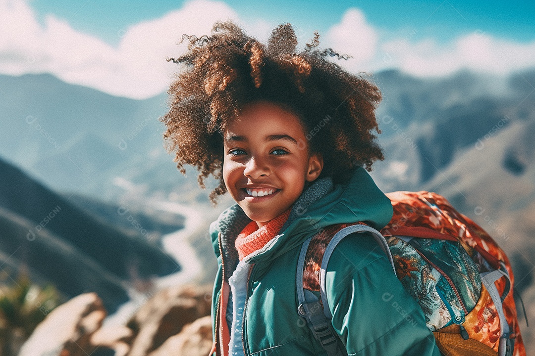 Jovem negra andando no topo da montanha