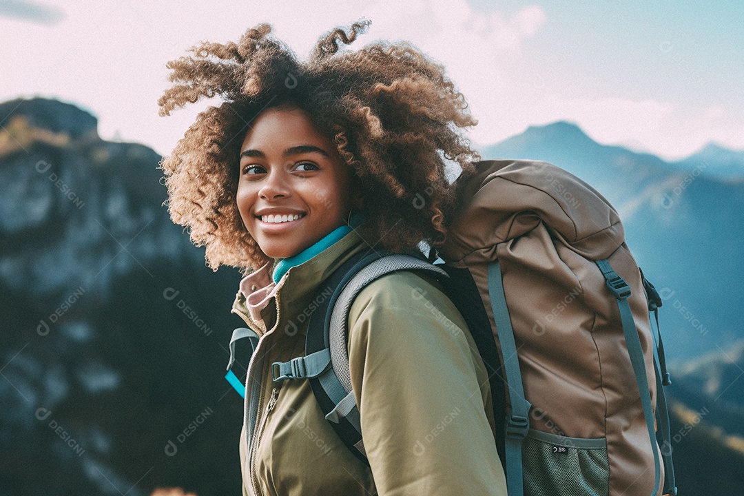 Jovem negra andando no topo da montanha