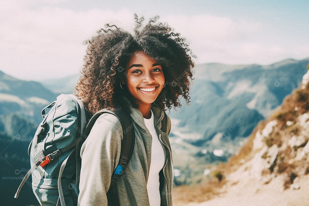 Jovem negra andando no topo da montanha