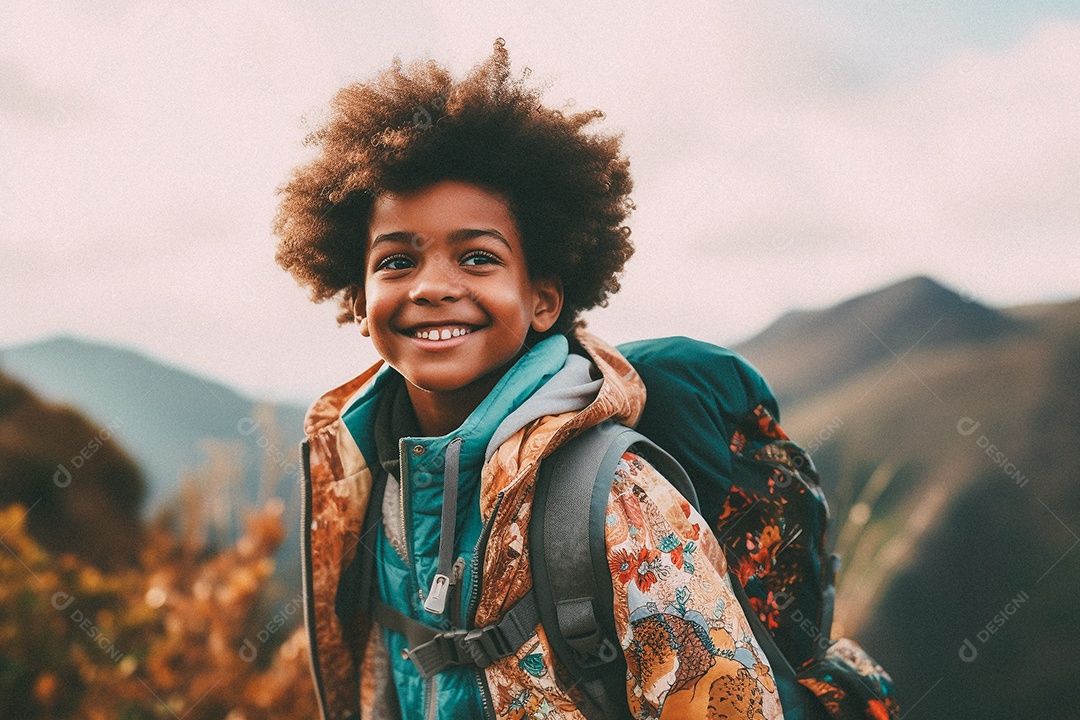 Menino negro andando no topo da montanha