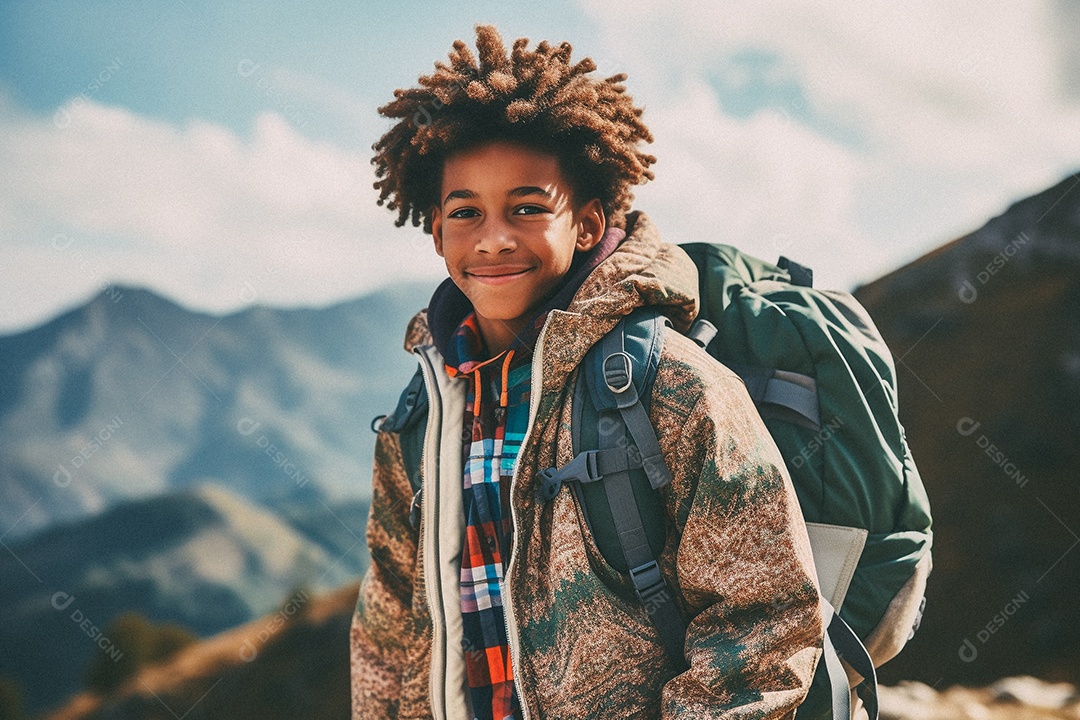Menino negro andando no topo da montanha