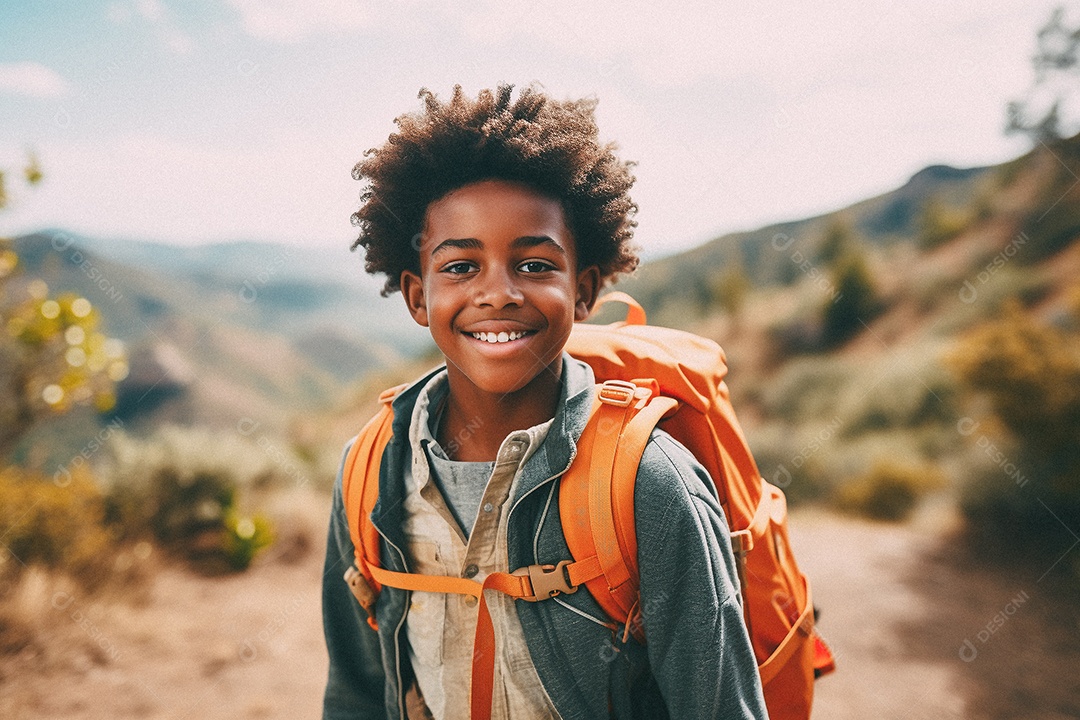 Menino negro andando no topo da montanha