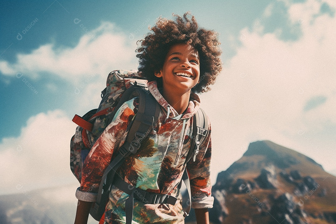 Menino negro andando no topo da montanha