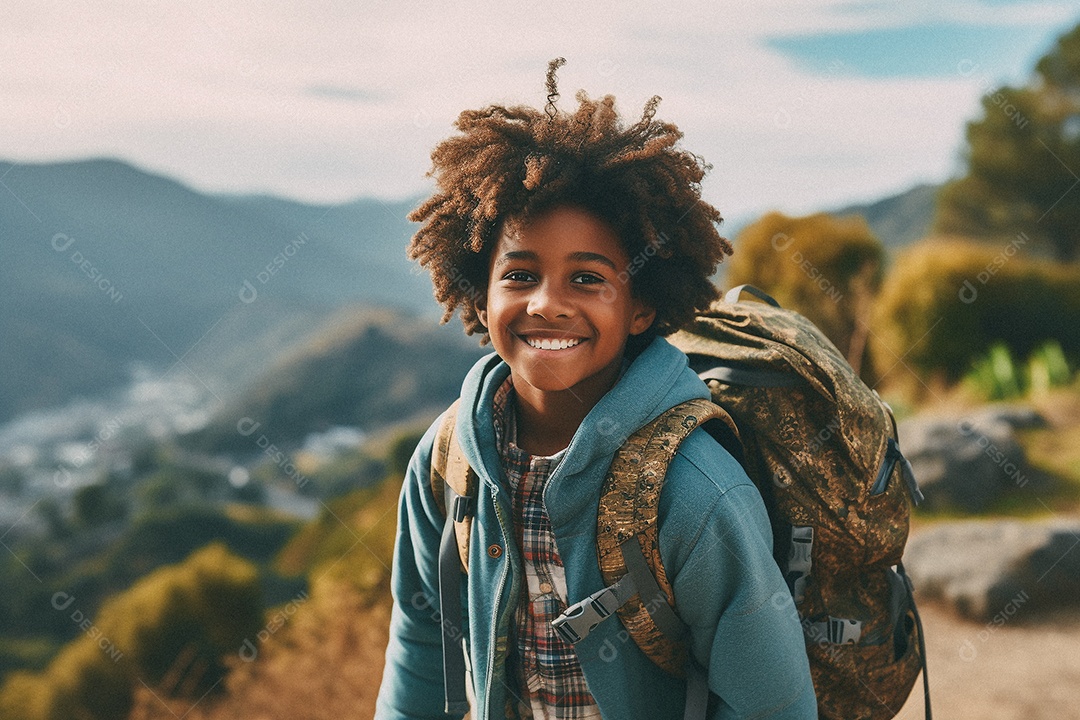 Menino negro andando no topo da montanha