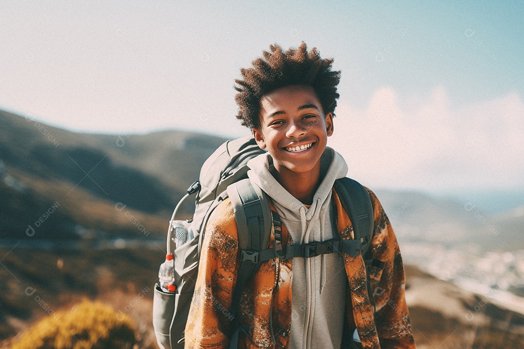 Menino negro andando no topo da montanha