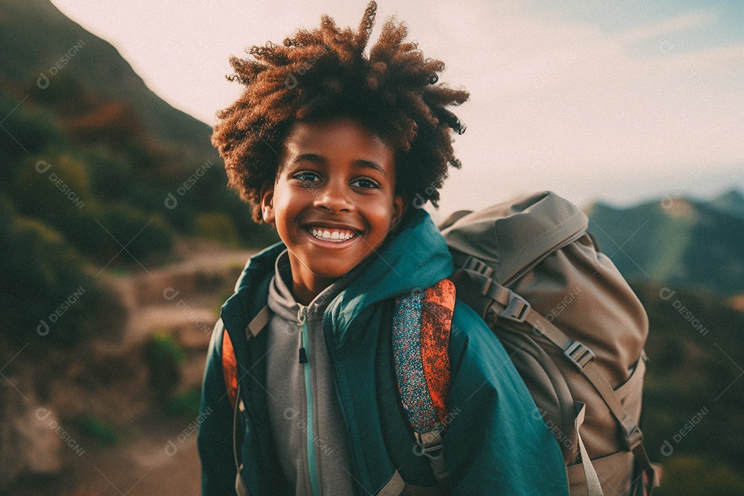 Menino negro andando no topo da montanha