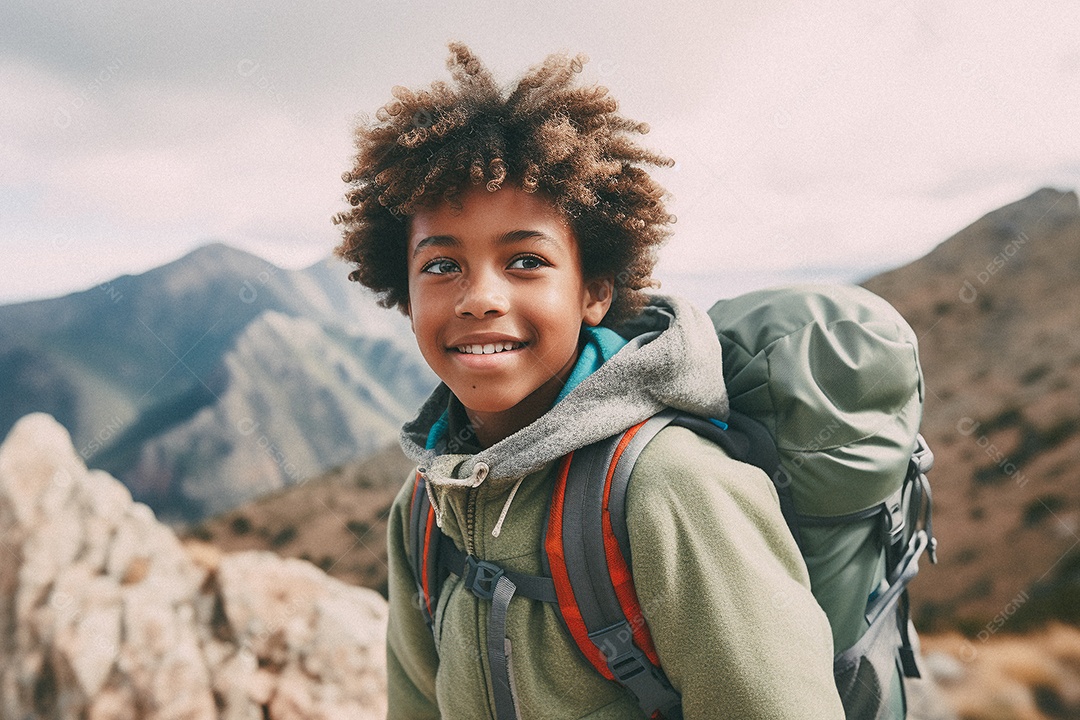 Menino negro andando no topo da montanha