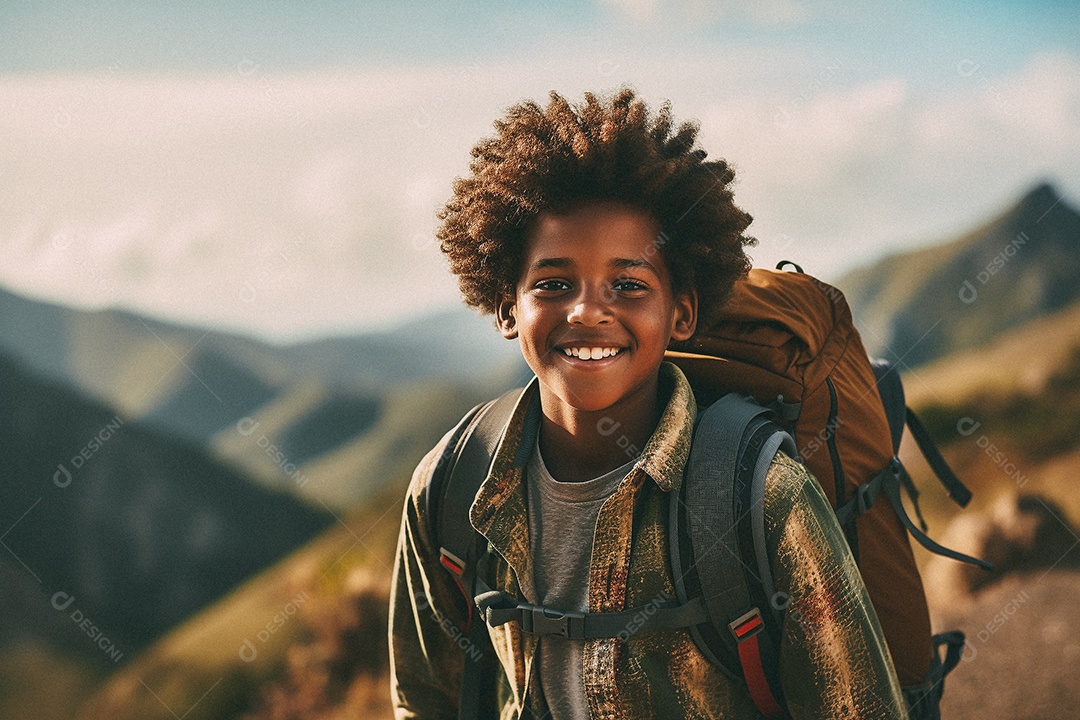 Menino negro andando no topo da montanha