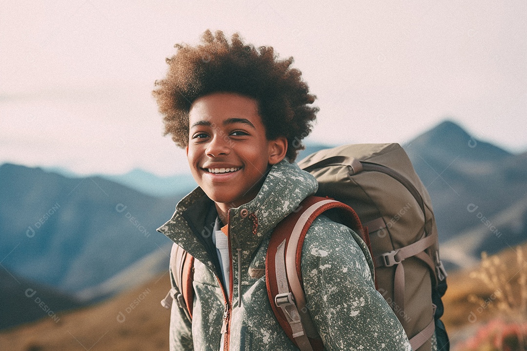 Menino negro andando no topo da montanha