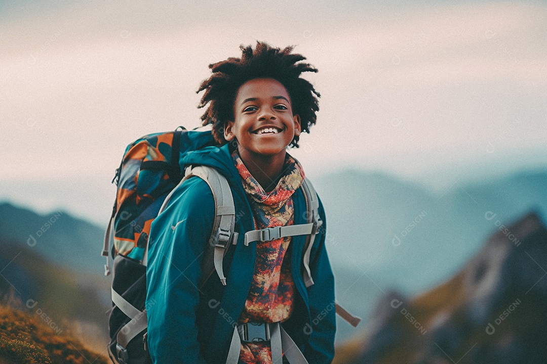 Menino negro andando no topo da montanha