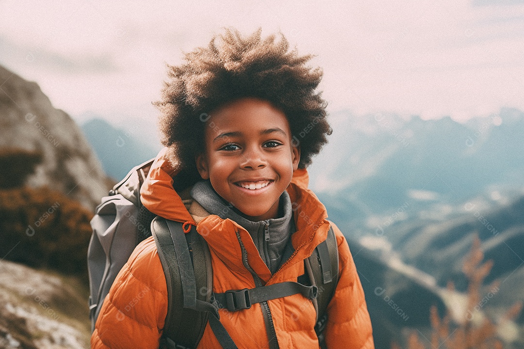 Menino negro andando no topo da montanha