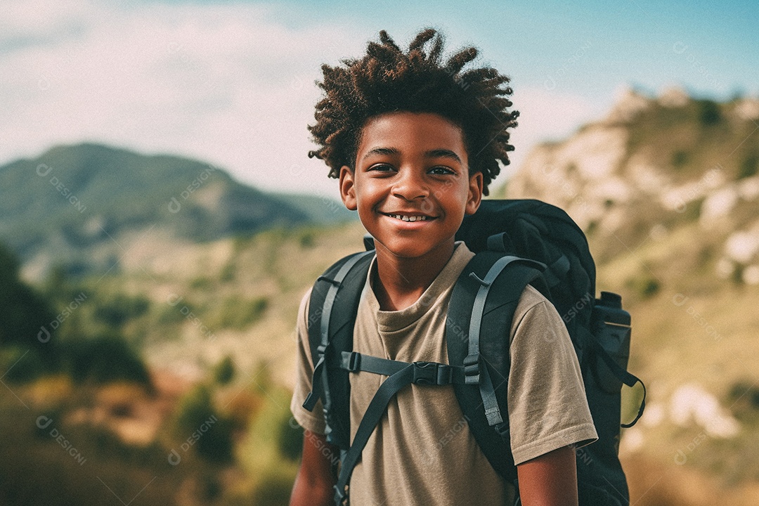 Menino negro andando no topo da montanha