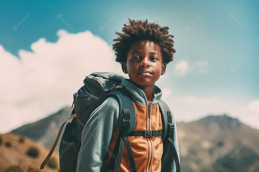 Menino negro andando no topo da montanha