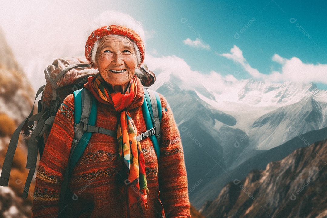 Velha andando no topo da montanha