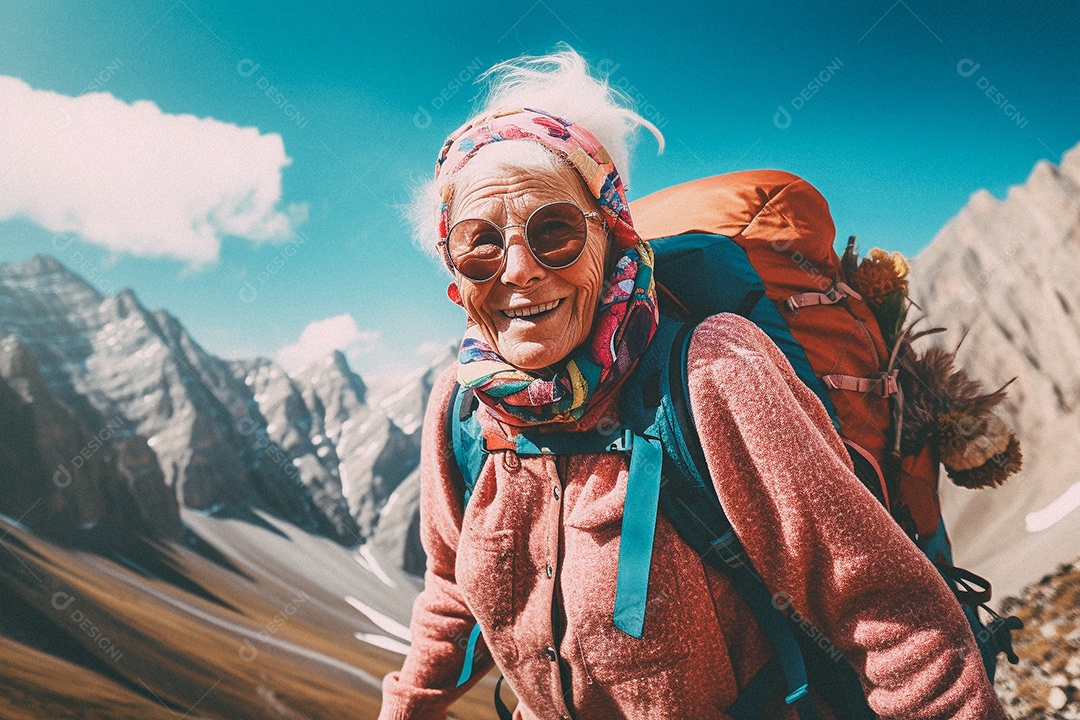 Velha andando no topo da montanha