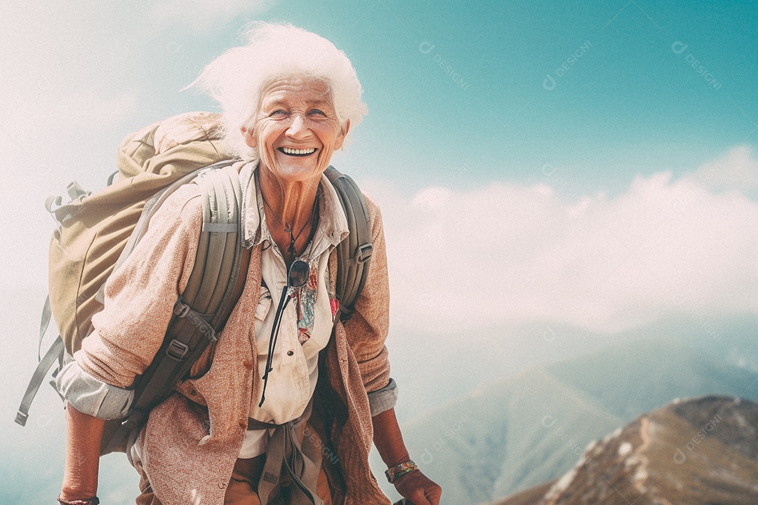 Velha andando no topo da montanha