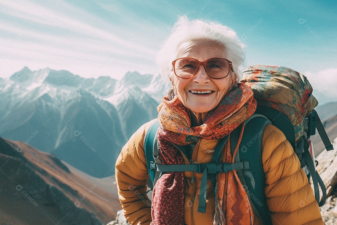 Velha andando no topo da montanha