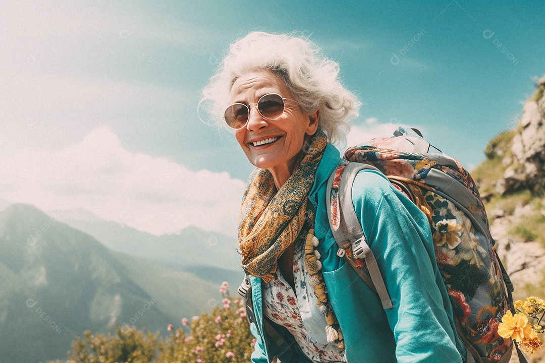Velha andando no topo da montanha