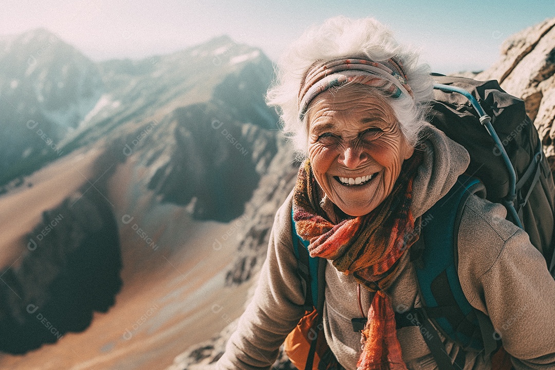 Velha andando no topo da montanhav