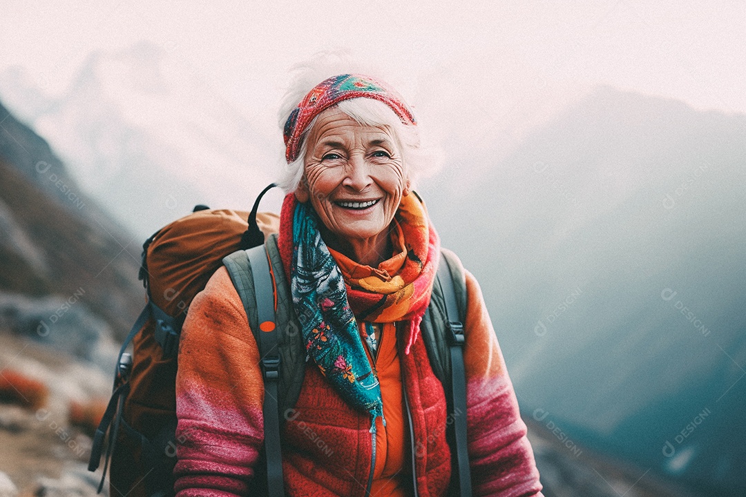 Velha andando no topo da montanha