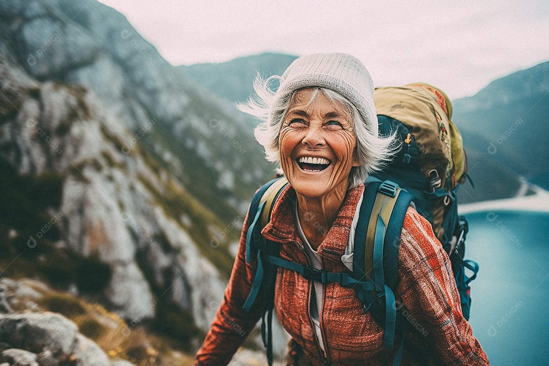 Velha andando no topo da montanha