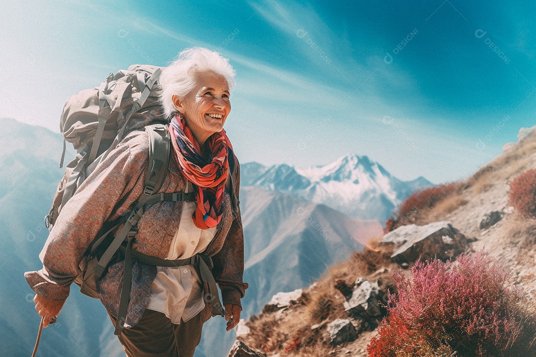 Velha andando no topo da montanha