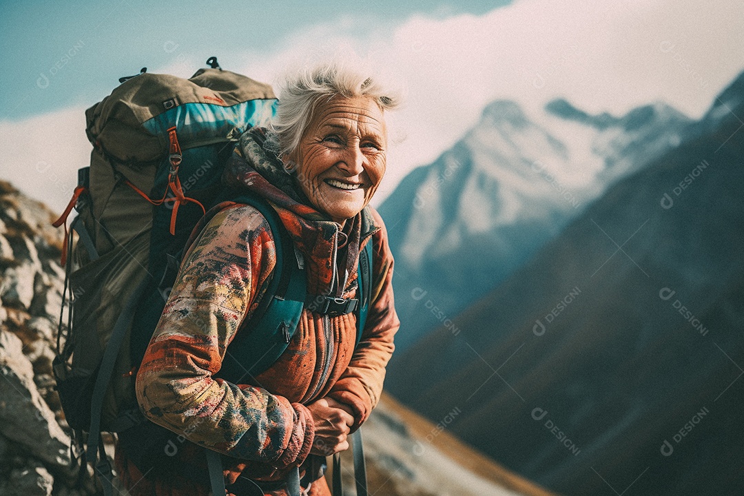 Velha andando no topo da montanha