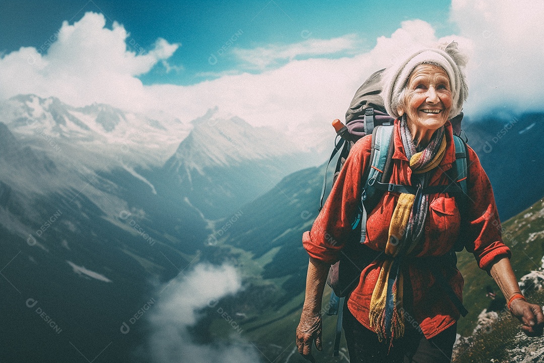 Velha andando no topo da montanha