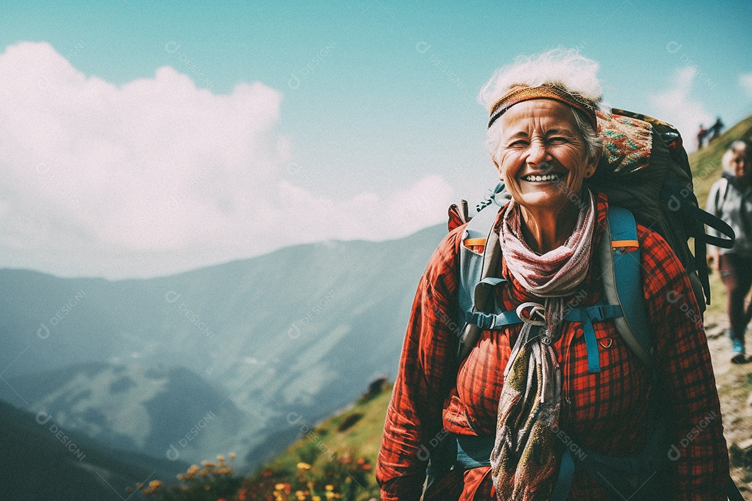 Velha andando no topo da montanha