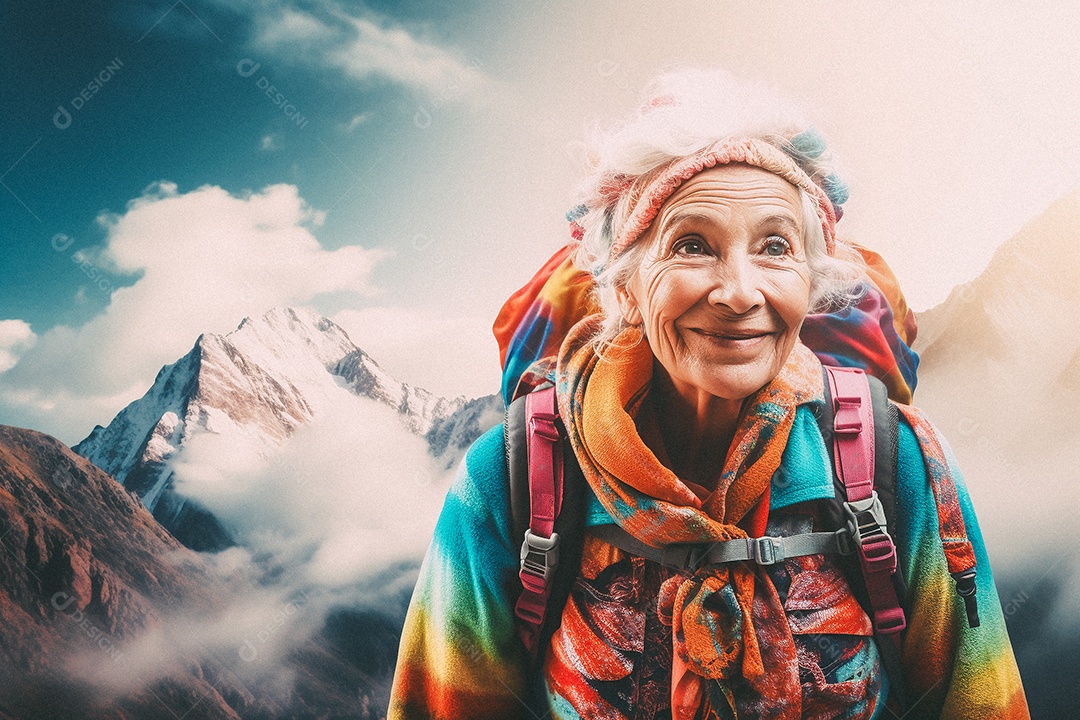 Velha andando no topo da montanha