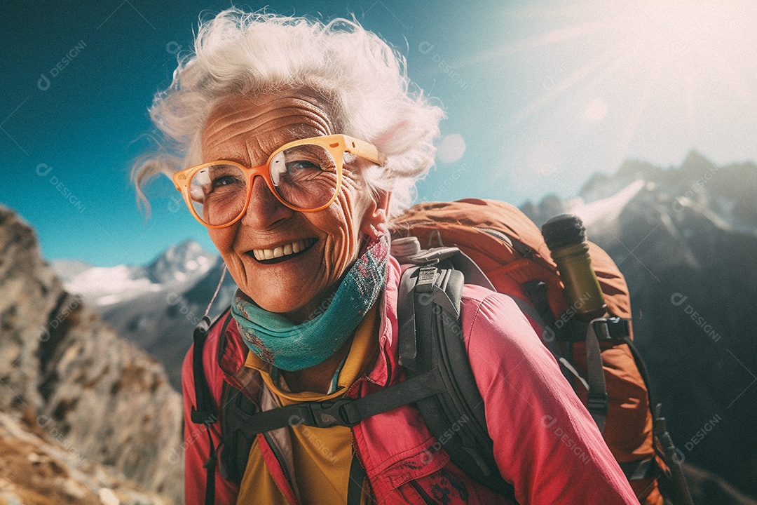 Velha andando no topo da montanha