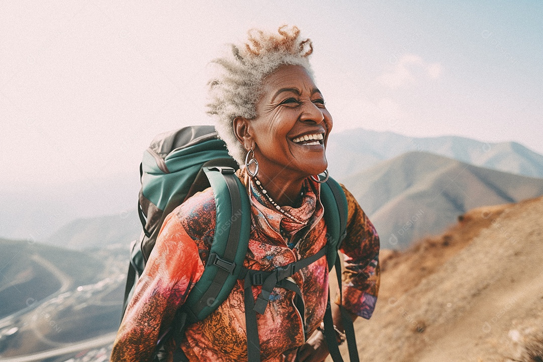 Velha andando no topo da montanha