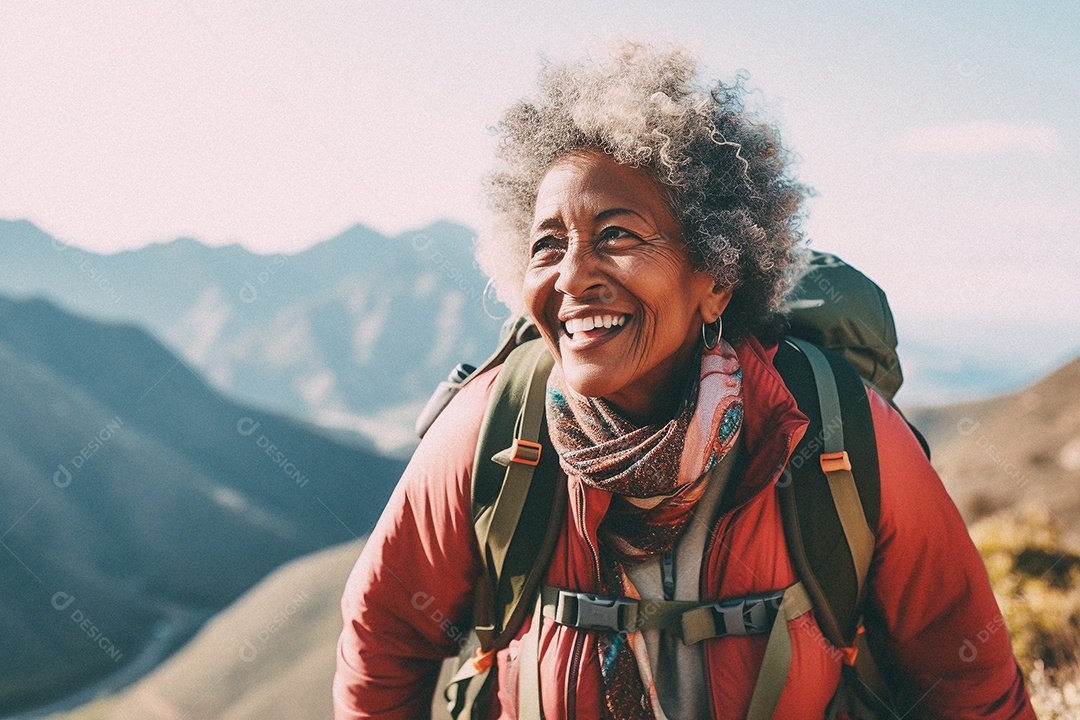 Velha andando no topo da montanha