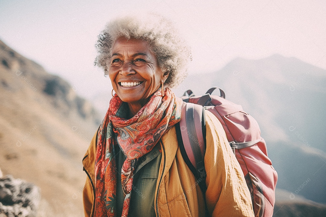 Velha andando no topo da montanha
