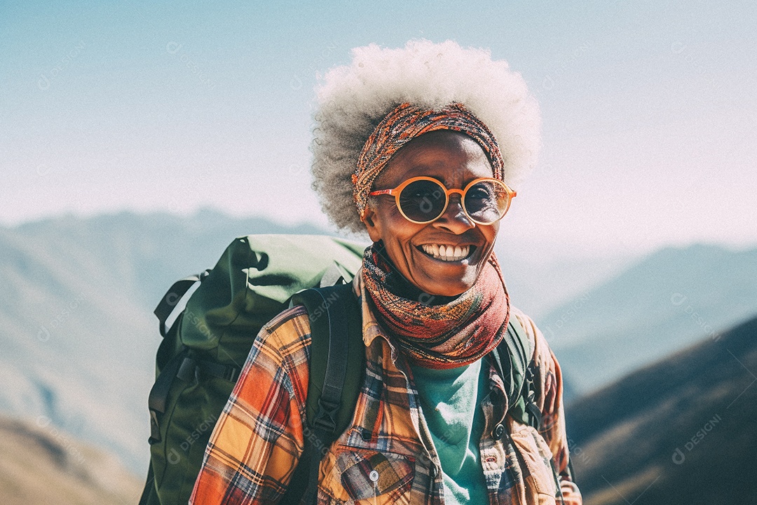 Velha andando no topo da montanha