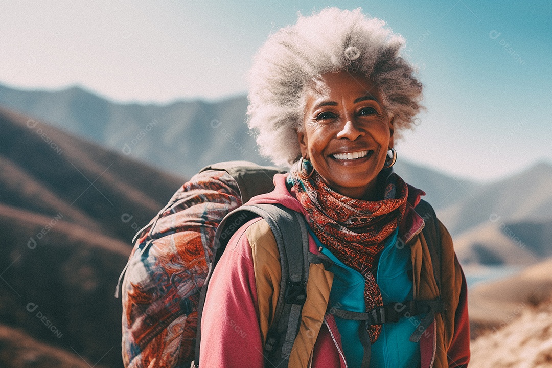 Velha andando no topo da montanha