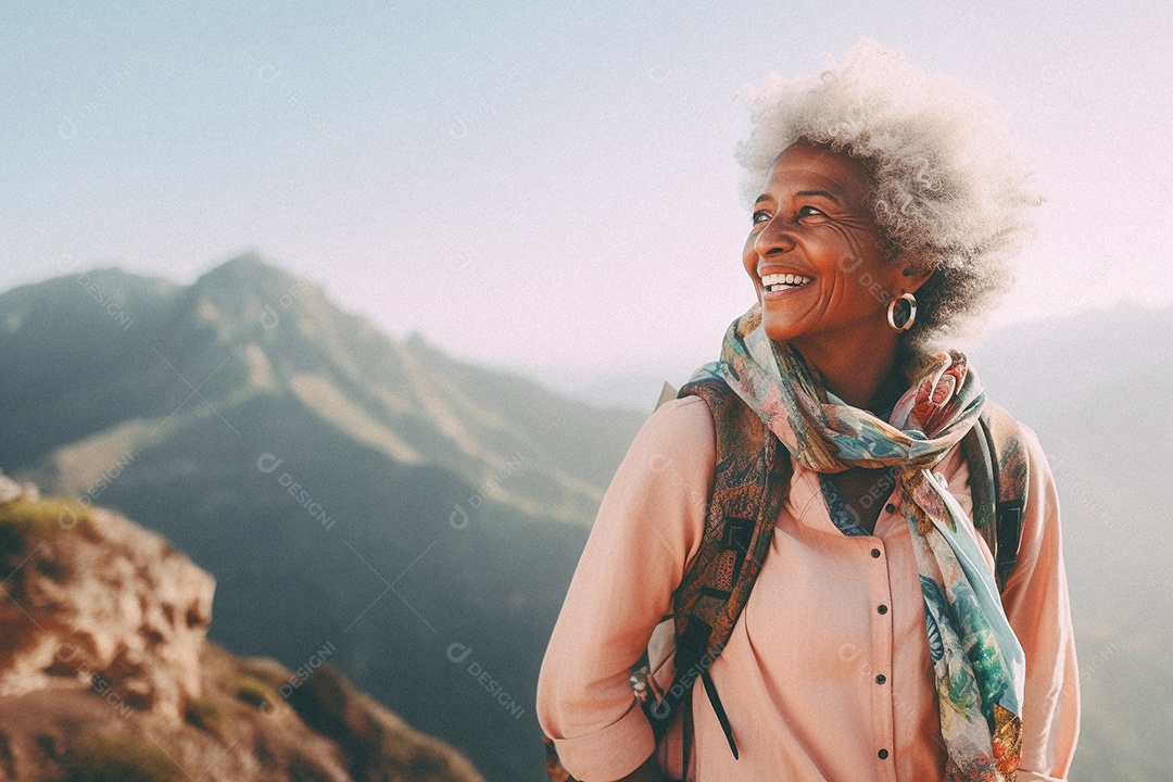 Velha andando no topo da montanha