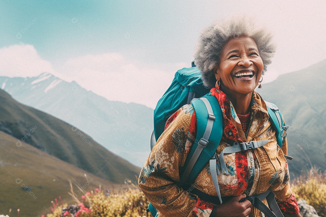 Velha andando no topo da montanha