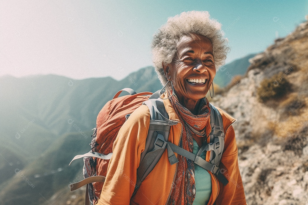 Velha andando no topo da montanha