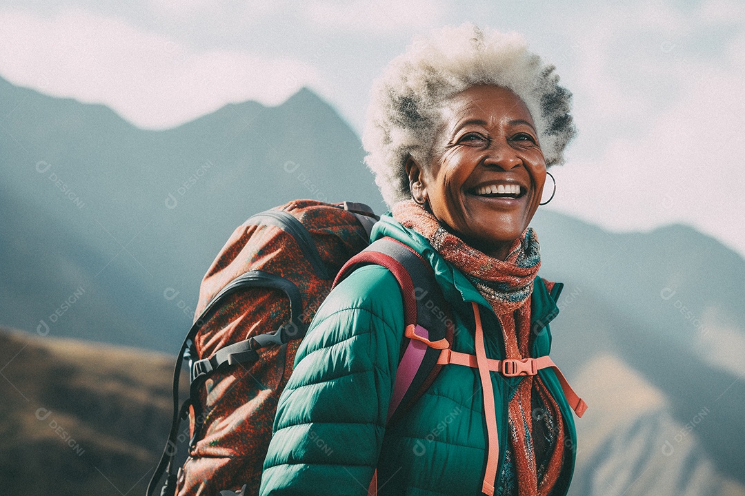 Velha andando no topo da montanha