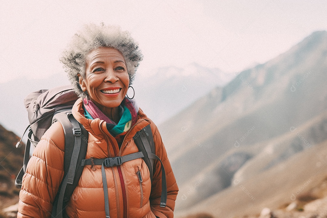 Velha andando no topo da montanha