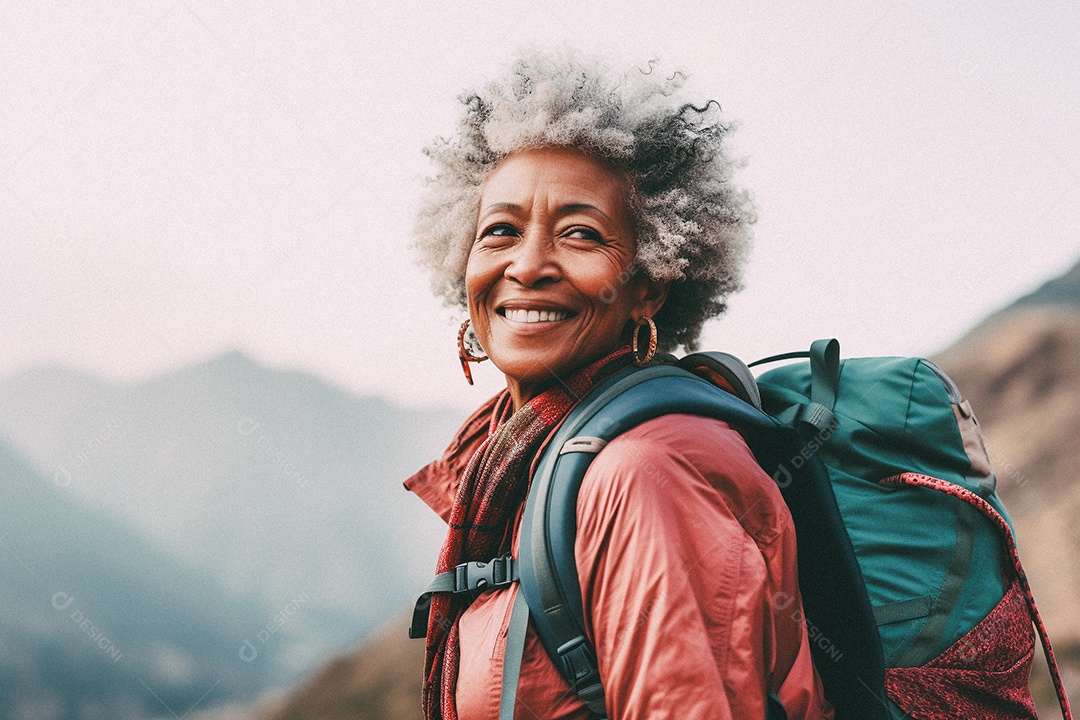Velha andando no topo da montanha