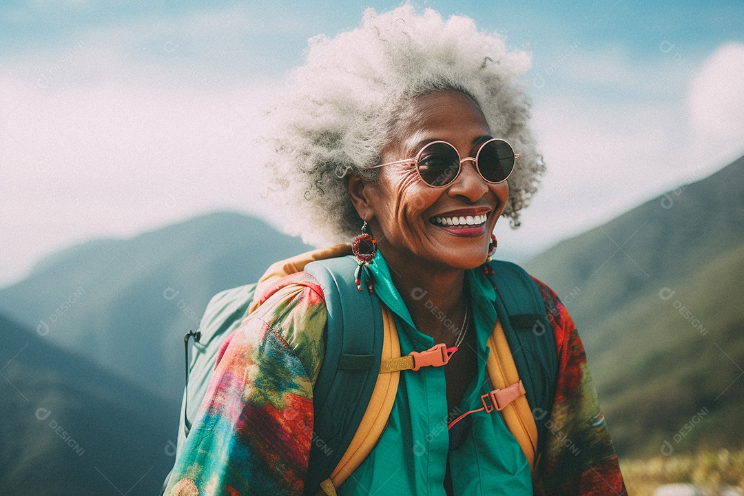 Velha andando no topo da montanha