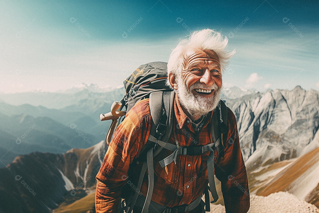 Velho andando no topo da montanha