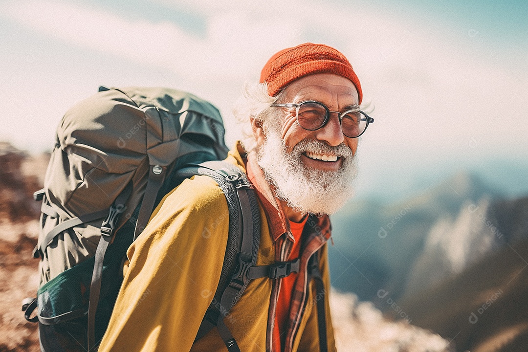 Velho andando no topo da montanha