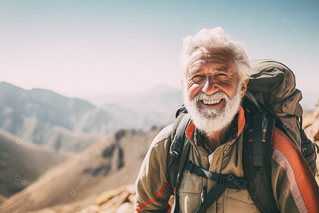 Velho andando no topo da montanha